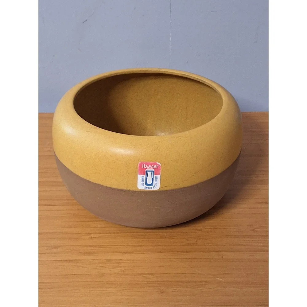Haeger Potteries Two Tone Matte Yellow Brown Ceramic Planter Bowl Mid Century